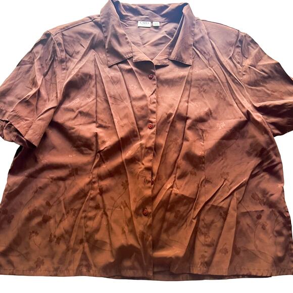 W CATO Button Up Short Sleeve Brown Floral w Shoulder Pads 26/28 W RN 37080 - Picture 1 of 12